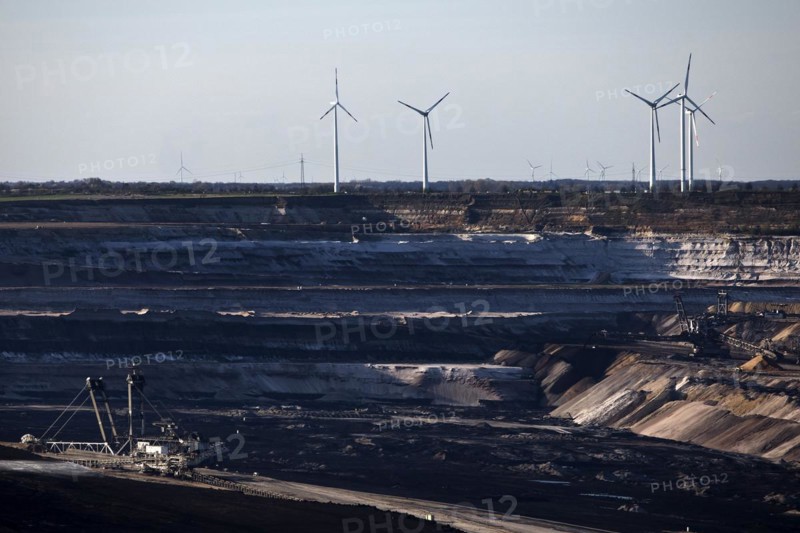 Garzweiler open-cast lignite mine with spreaders and wind turbines in the background, Jüchen, North Rhine-Westphalia, Germany, Europe