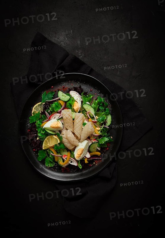 Salad of squid and vegetables, with egg, homemade, no people