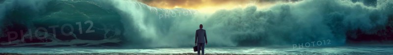 Banner of disheartened businessman standing on the shore in the midst of approaching turbulent crashing waves. feeling of overwhelming demands and impending doom, generative AI, AI generated