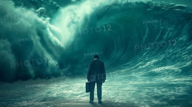 Disheartened businessman standing on the shore in the midst of approaching turbulent crashing waves. feeling of overwhelming demands and impending doom, generative AI, AI generated