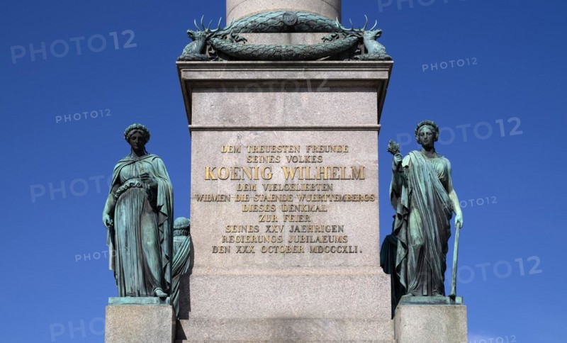 Allegorical figures, statues of female figures by Theodor Wagner, inscription, Jubilee Column, Schlossplatz, Stuttgart, Baden-Württemberg, Germany, Europe