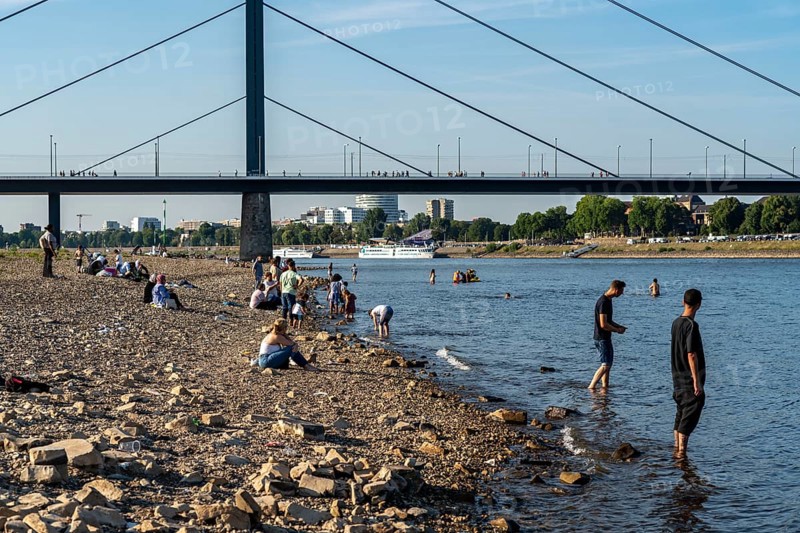 Rhine near Düsseldorf, extremely low water, Rhine level at 81 cm, tendency falling, after a long drought the left bank of the Rhine falls dry, near Düsseldorf Oberkassel, people chilling on the banks of the Rhine, Germany, Europe
