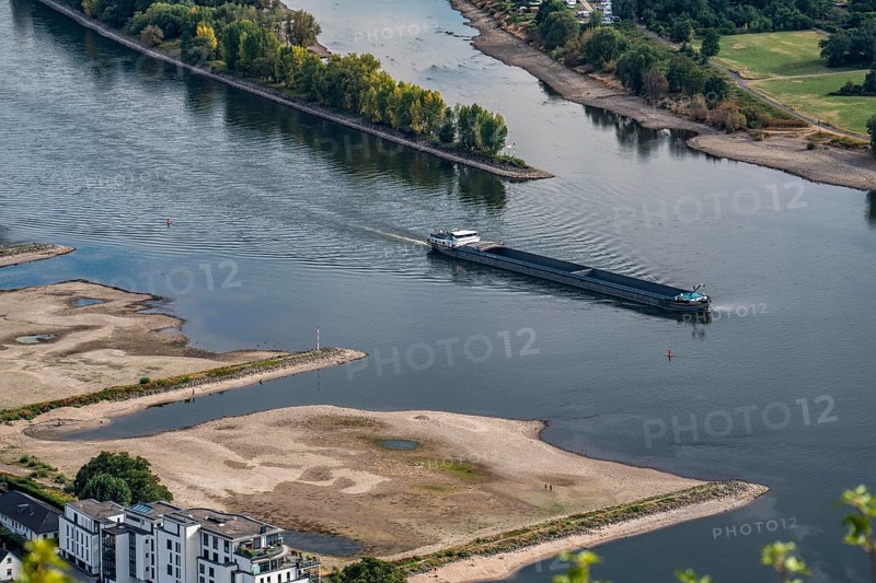 The Rhine at extremely low water, near Bad Honnef, below the Drachenfels, Nonnenwerth Island, dry Rhine banks, cargo ship, descent, with very reduced cargo, North Rhine-Westphalia, Germany, Europe