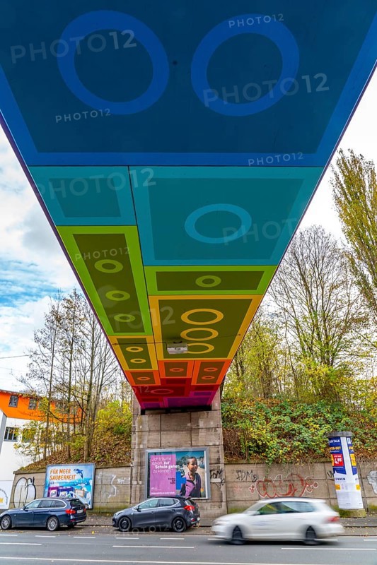 The Rainbow Bridge or Lego Bridge 2.0, over Dahler Straße, B7, undersides of bridges designed by artists, part of the Nordbahntrasse, a former railway line, now a cycle and footpath, Langerfeld district, Wuppertal, North Rhine-Westphalia, Germany, Europe