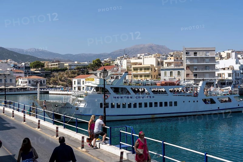 The village of Agios Nikolaos, in the eastern part of Crete, excursion boat in the harbour, Nostos Cruises, Spinalonga, Greece, Europe