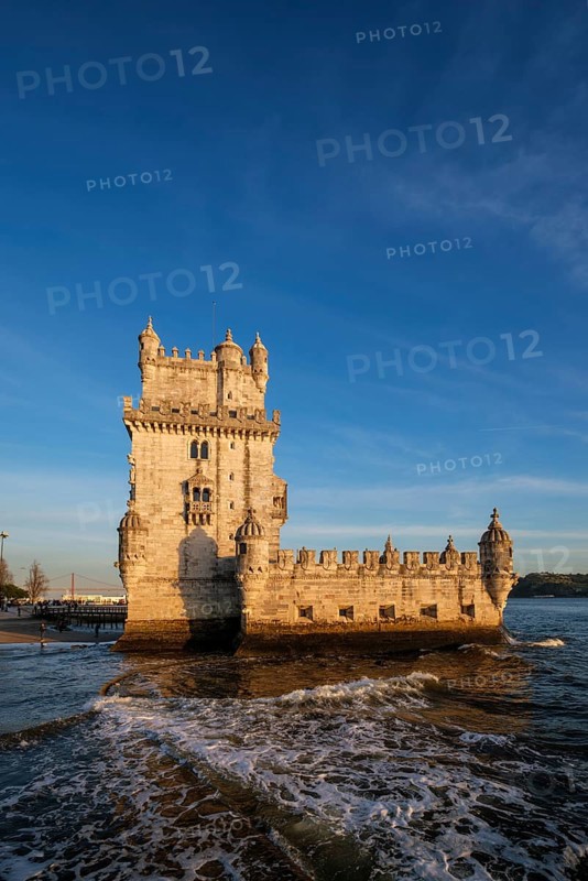 Belem Tower or Tower of St Vincent, famous tourist landmark of Lisboa and tourism attraction, on the bank of the Tagus River Tejo on sunset. Lisbon, Portugal, Europe