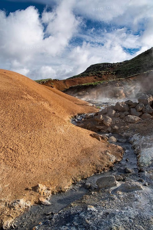 Mud pots, solfataras, coloured mineral deposits, Seltún geothermal area near Krýsuvík or Krísuvík, Reykjanes Peninsula, Iceland, Europe