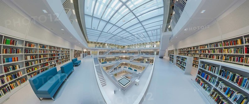 Galeriesaaal, Modern library with glass roof and white stairs, surrounded by bookshelves in a bright open space, public library am Mailänder Platz, empty, Stuttgart, Germany, Europe