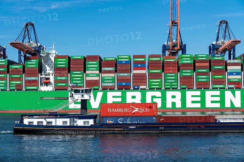 Europoort, Port of Rotterdam, Evergreen Reederei Container ship Ever Ace, currently the third largest container freighter in the world, with up to 24, 000 TEU, at Euromax Container Terminal, container barge, Netherlands