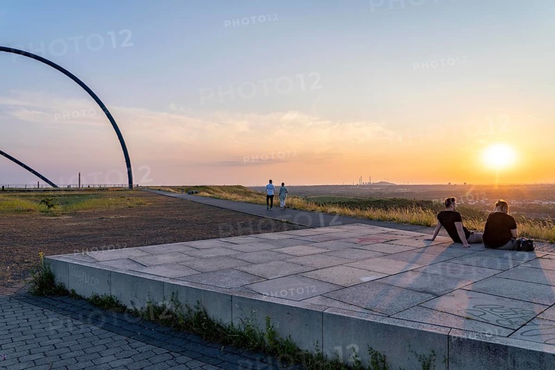 The horizontal observatory on the Hoheward spoil tip, at sunset, landscape park, North Rhine-Westphalia, Germany, Europe