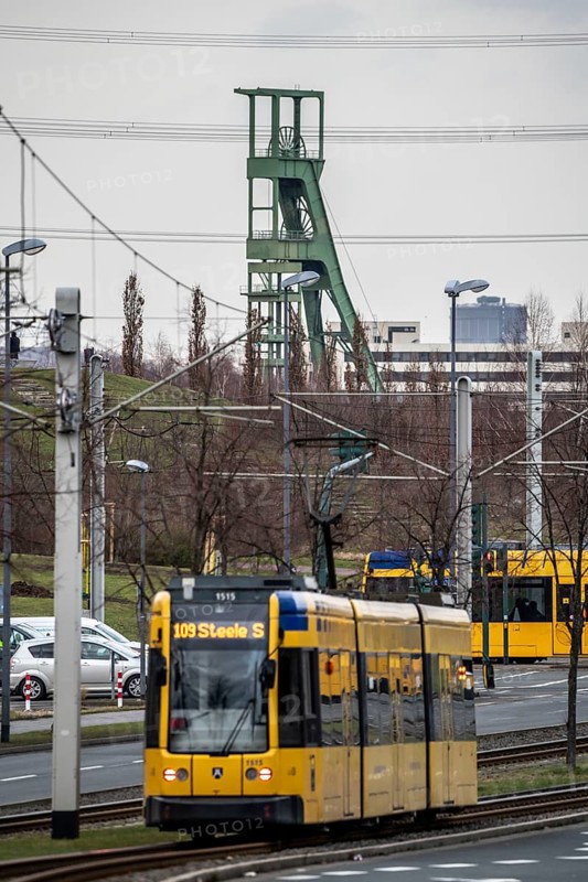 Ruhrbahn tram, line 109, on Berthold-Beitz-Boulevard, behind the pithead of the former Amalie colliery, Essen, North Rhine-Westphalia, Germany, Europe