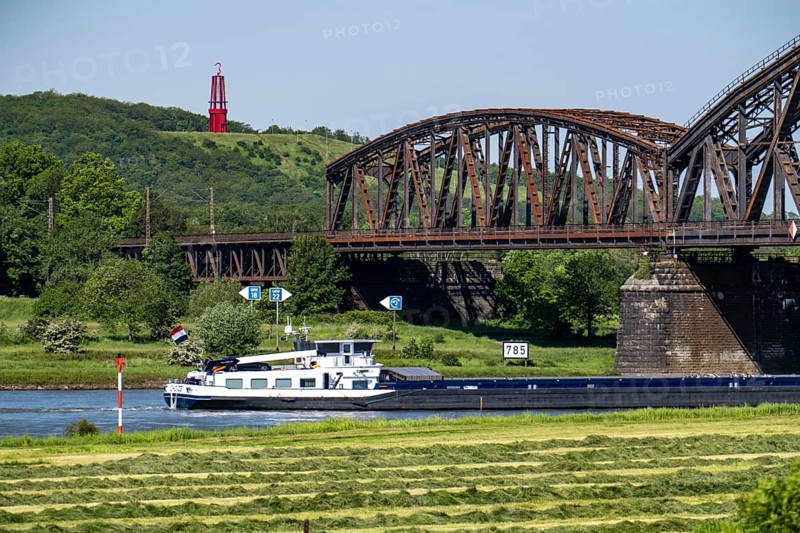 View across the Rhine meadows near Duisburg-Beeckerwerth to the Rheinpreußen spoil tip in Mörs, with the spoil tip sign Das Geleucht, Haus-Knipp railway bridge, cargo ship, North Rhine-Westphalia, Germany, Europe