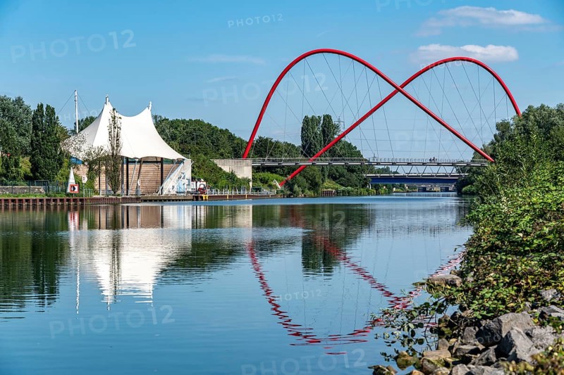 Nordsternpark, former site of the Nordstern colliery, amphitheatre, open-air stage, double arch bridge over the Rhine-Herne Canal, Gelsenkirchen, North Rhine-Westphalia, Germany, Europe