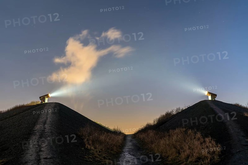 Rungenberg spoil tip in the Buer district, Night Sign light installation, Gelsenkirchen, North Rhine-Westphalia, Germany, Europe