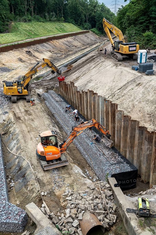 Renaturalisation work on the Boye, Emscher tributary, now sewage-free, the wastewater flows in the newly built parallel sewer, Bottrop North Rhine-Westphalia, Germany, Europe