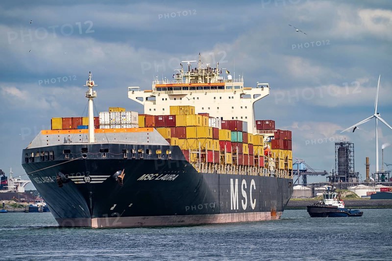 Europahaven, MSC Laura container freighter being towed by harbour tugs, seaport of Rotterdam, deep-sea port Maasvlakte 2, on an artificial land area, Netherlands
