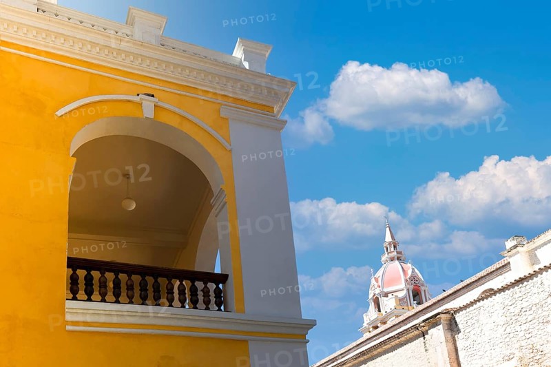 Famous colonial Cartagena Walled City, Cuidad Amurrallada, and its colorful buildings in historic city center, a designated UNESCO World Heritage Site