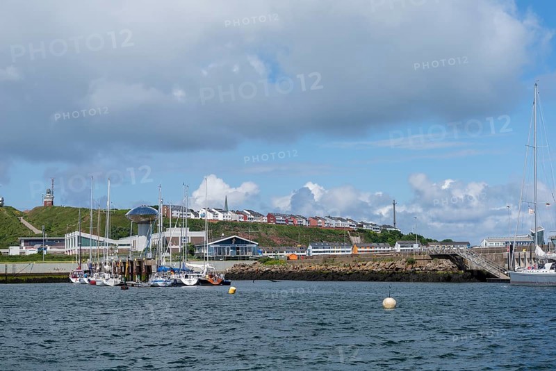 View from south-east to harbour facilities, Unterland and Oberland, offshore island Helgoland, blue sky, marina, North Sea, district Pinneberg, Schleswig-Holstein, Germany, Europe