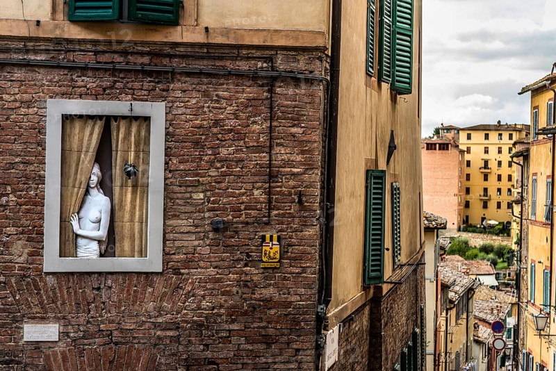 Sculpture in window, figure, gaze, looking, doll, art, representation, old town, alley, Siena, Italy, Europe