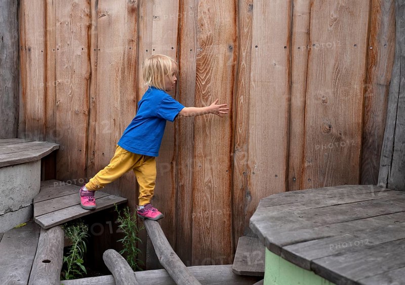 Little girl, 3 years, blonde, balancing, gymnastics, playing, adventure playground, playground, Stuttgart, Baden-Württemberg, Germany, Europe