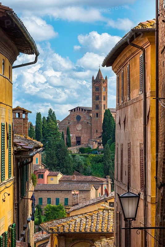 Old town with view of Basilica di San Clemente, historical, building, alley, Siena, Tuscany, Italy, Europe