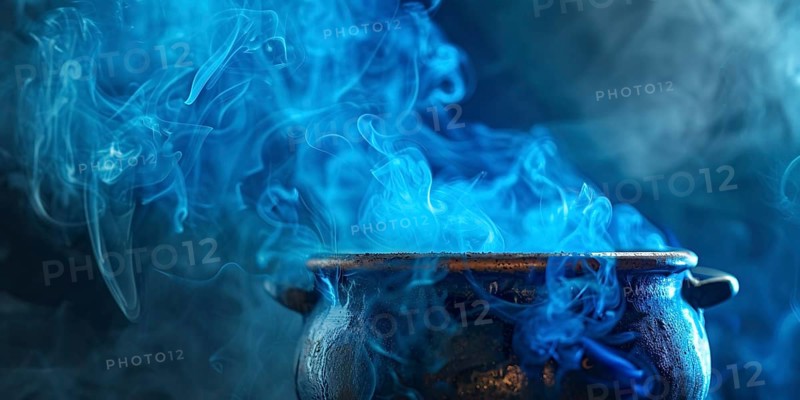Banner with Halloween witch cauldron with blue smoke. Generative AI, AI generated