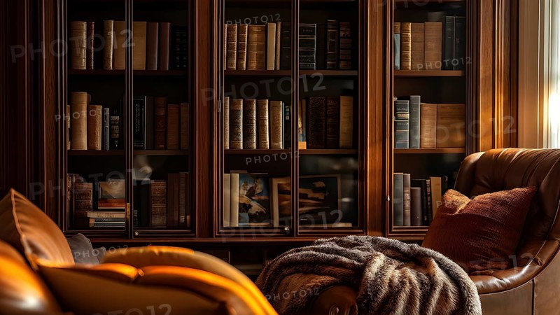 Sophisticated home library with built in bookshelves, AI generated