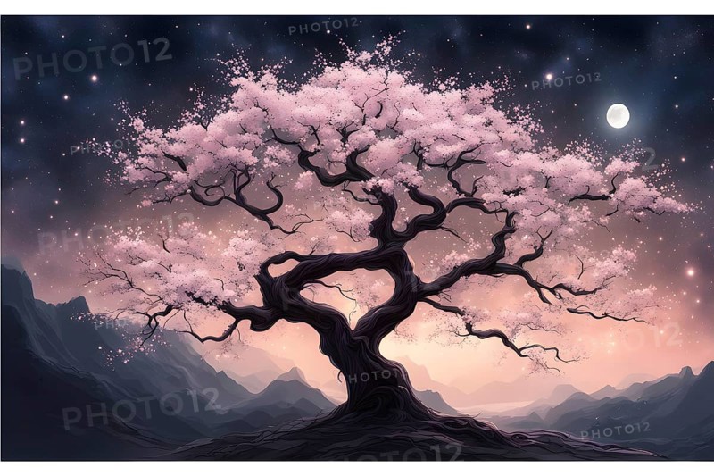 Sakura tree blossoming with pink petals and branches reaching towards a star studded night sky, AI generated