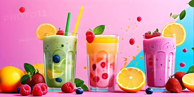 Abstract wallpaper of smoothie surrounded by an assortment of fruits and vegetables, AI generated
