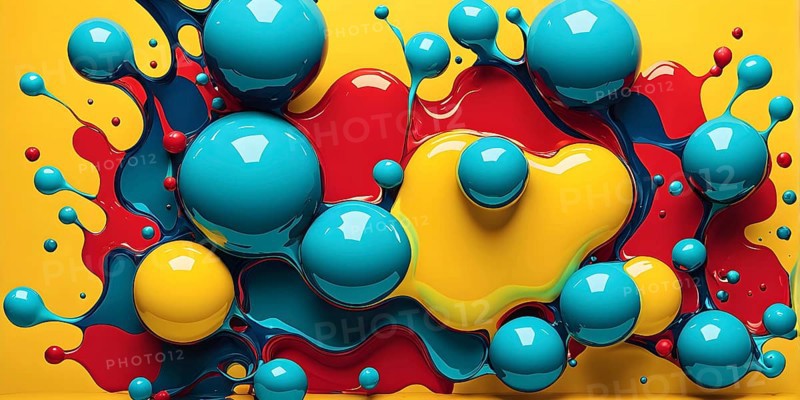 Abstract image with vibrant blue and red blobs and liquid shapes on a yellow background, AI generated