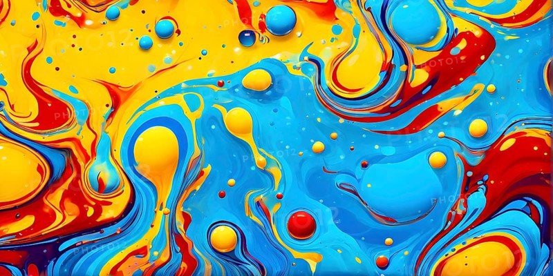 Abstract image with vibrant blue and red blobs and liquid shapes on a yellow background, AI generated