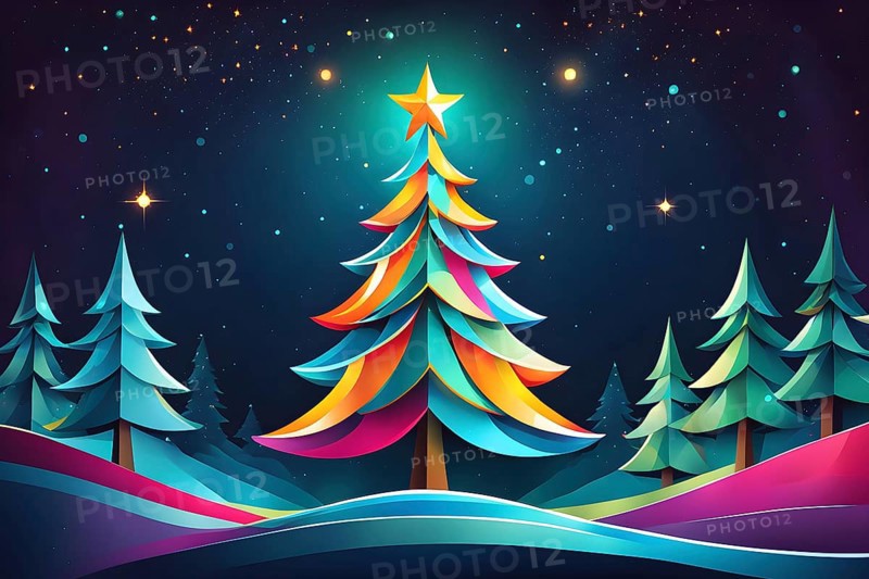 Abstract Christmas tree illustration with vibrant colors and geometric shapes, AI generated