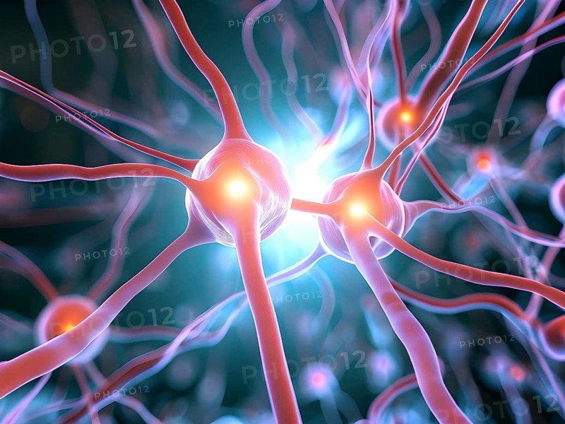 Visualization of neurons firing neurotransmitters in the synaptic gap, AI generated