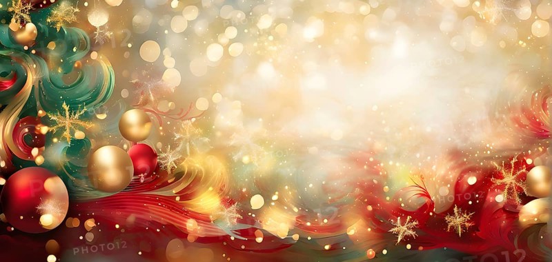 Abstract wallpaper illustration of Christmas symbols for gift cards, swirling shapes and lines, in red green and golden colors, AI generated