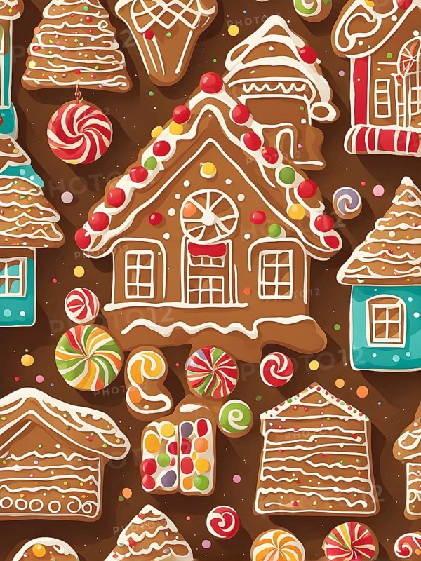 Abstract wallpaper illustration of of gingerbread house decoration, AI generated