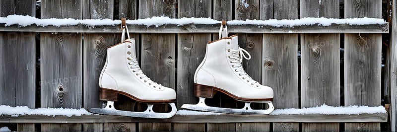 Pair of vintage ice skates hanging by their laces on an old wooden fence with frost and snow gently settled on the blades, AI generated