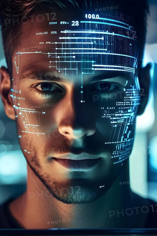 3d digital facial recognition displaying a male face with overlaid ai biometric data, AI generated