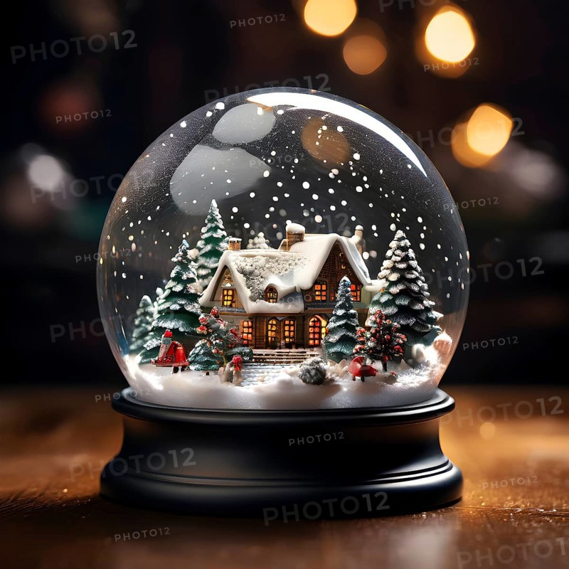 Snow globe with a tiny festive village inside, capturing the swirling snow and the light reflections on the glass dome, AI generated