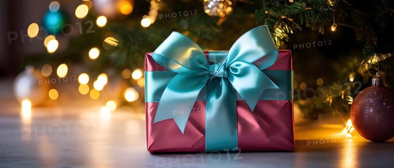 Close-up of a beautifully wrapped Christmas gift with a satin ribbon, set under a glowing Christmas tree, AI generated
