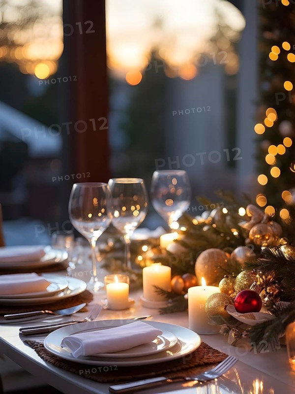 Close up of Christmas dinner table with traditional festive foods and ambient candlelight, AI generated