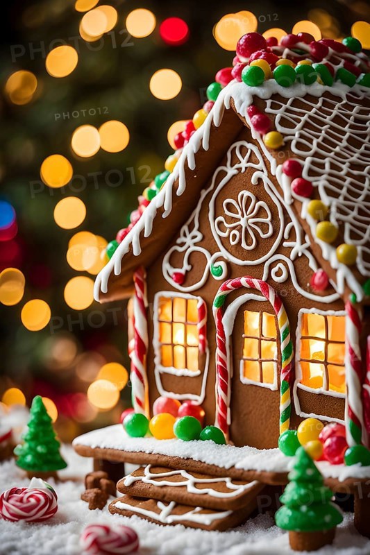 Gingerbread house decorations, focusing on the intricate icing details, colorful candy, and soft, warm light creating a cozy festive ambiance, AI generated