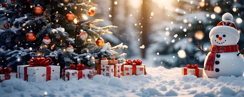 Peaceful and serene Christmas scene with a decorated Christmas tree with gifts presents and a cute snowman in a snowy forest, AI generated