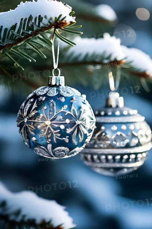 Set of Christmas ornaments hanging on a snow-covered pine tree branch, with frost clinging to the delicate glass and metal surfaces, AI generated