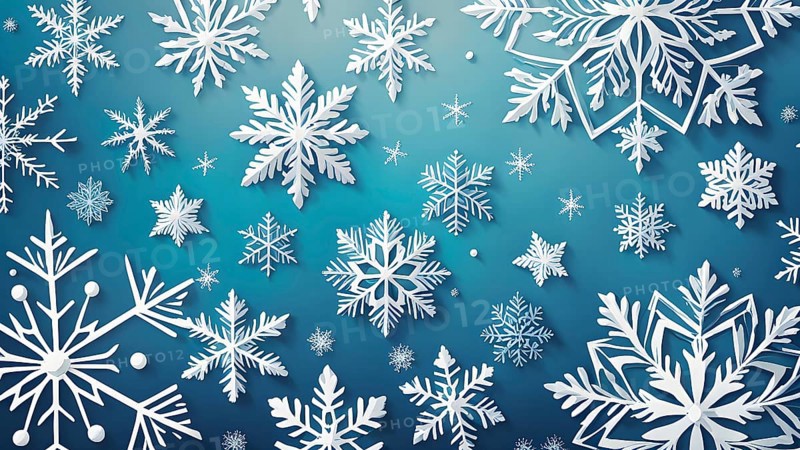 Abstract pattern of snowflakes in varying sizes and shapes in soft white and blue gradients, AI generated