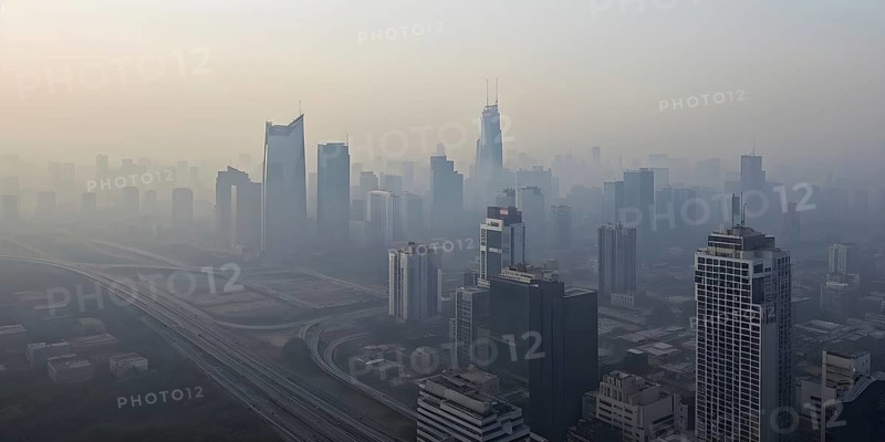 Aerial view of a mega city with smog and pollution, AI generated