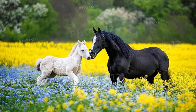 A black stallion and a foal, studio, AI generated