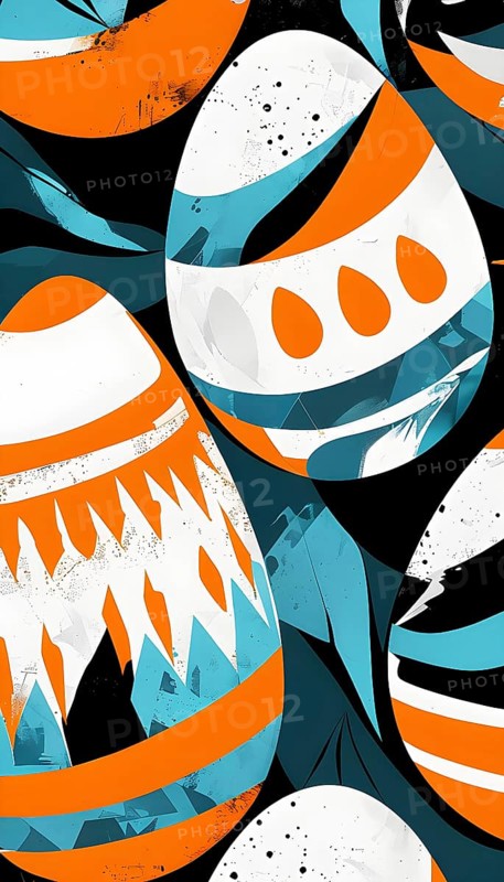 Illustration of an abstract Easter egg design with geometric patterns, bold colors, and a mix of textures, creating a modern and dynamic look, AI generated