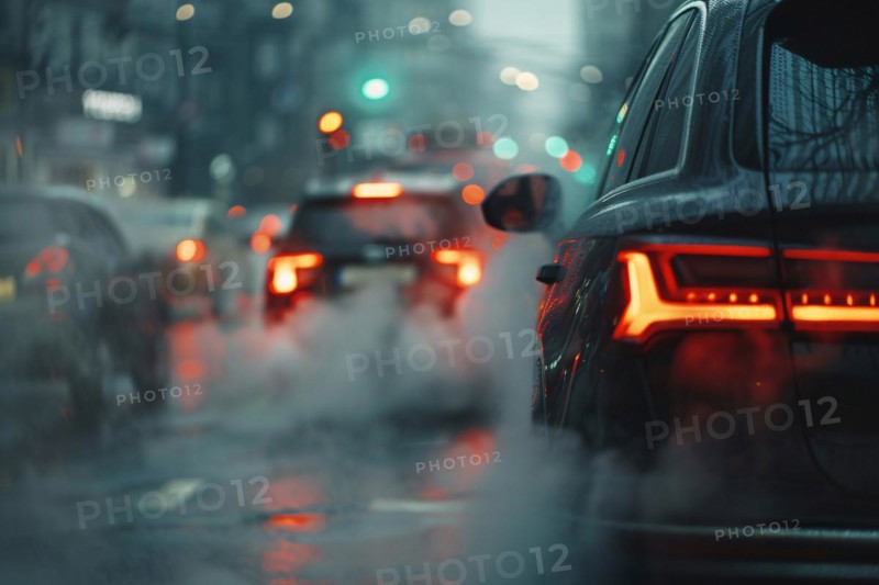 City street full of smoke caused by car exhaust gas, KI generiert, generiert, AI generated