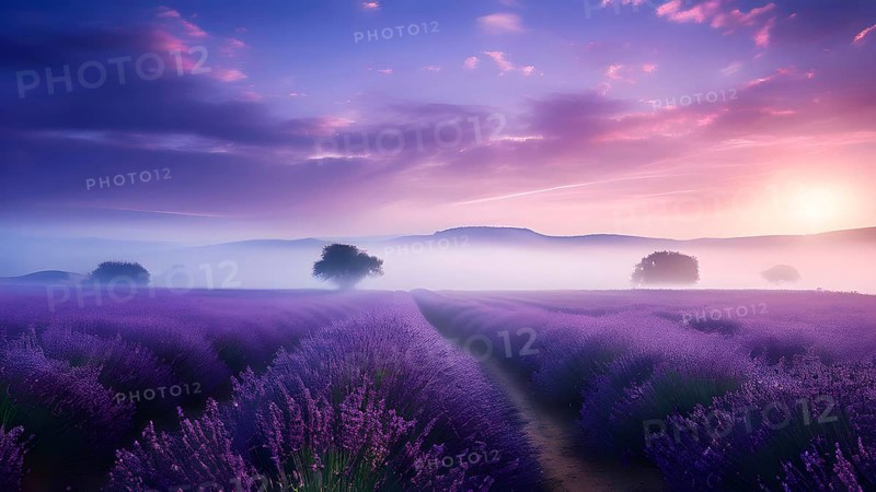 Lavender fields basking in a blanket of fog in sunrise, AI generated