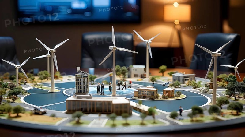 Scale model of a wind turbine adjacent to miniature houses, AI generated